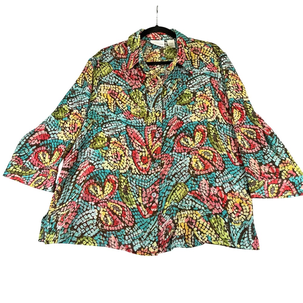 Alfred Dunner Floral Button Front Blouse Size 18 Colorful 3/4 Sleeve